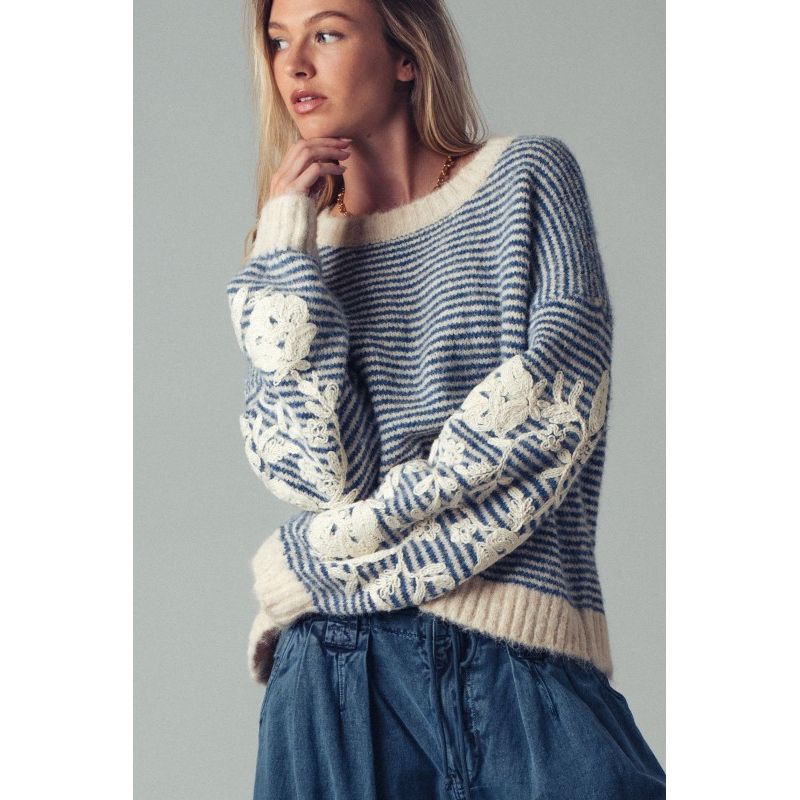 Mia Striped Wool Blend Sweater with Embroidered Sleeves
