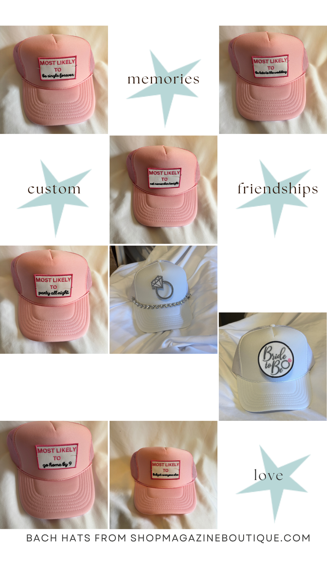 Collage of pink hats with various designs and text, featuring 'memories', 'custom', 'friendships', and 'love' on a white background.