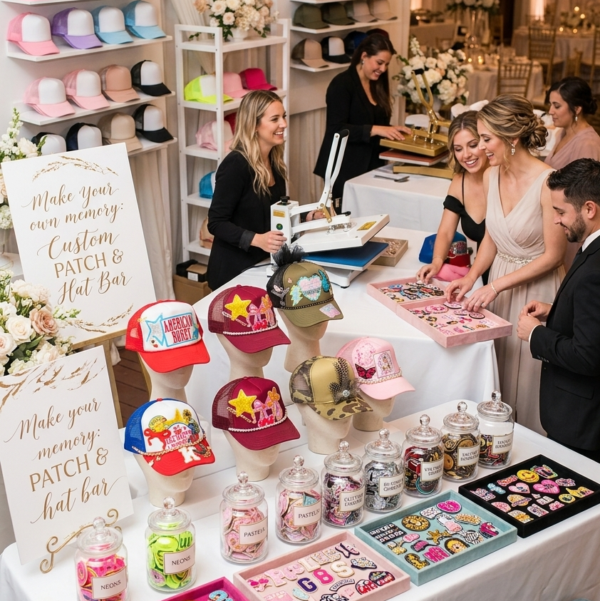 Event setup with personalized cap display and customization station.