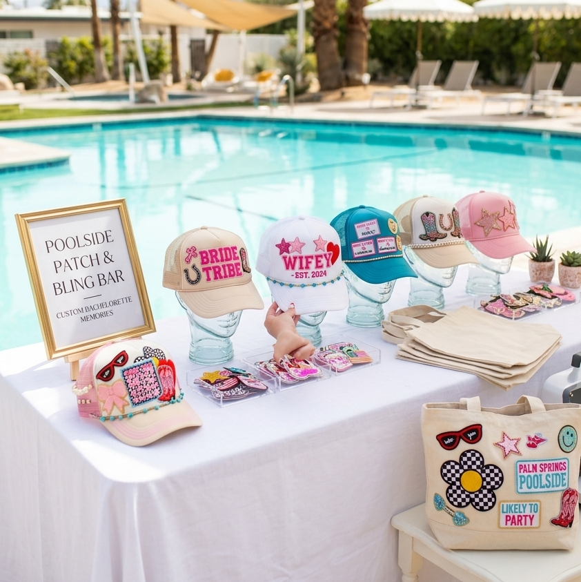 Poolside party setup with hats and bags by a pool
