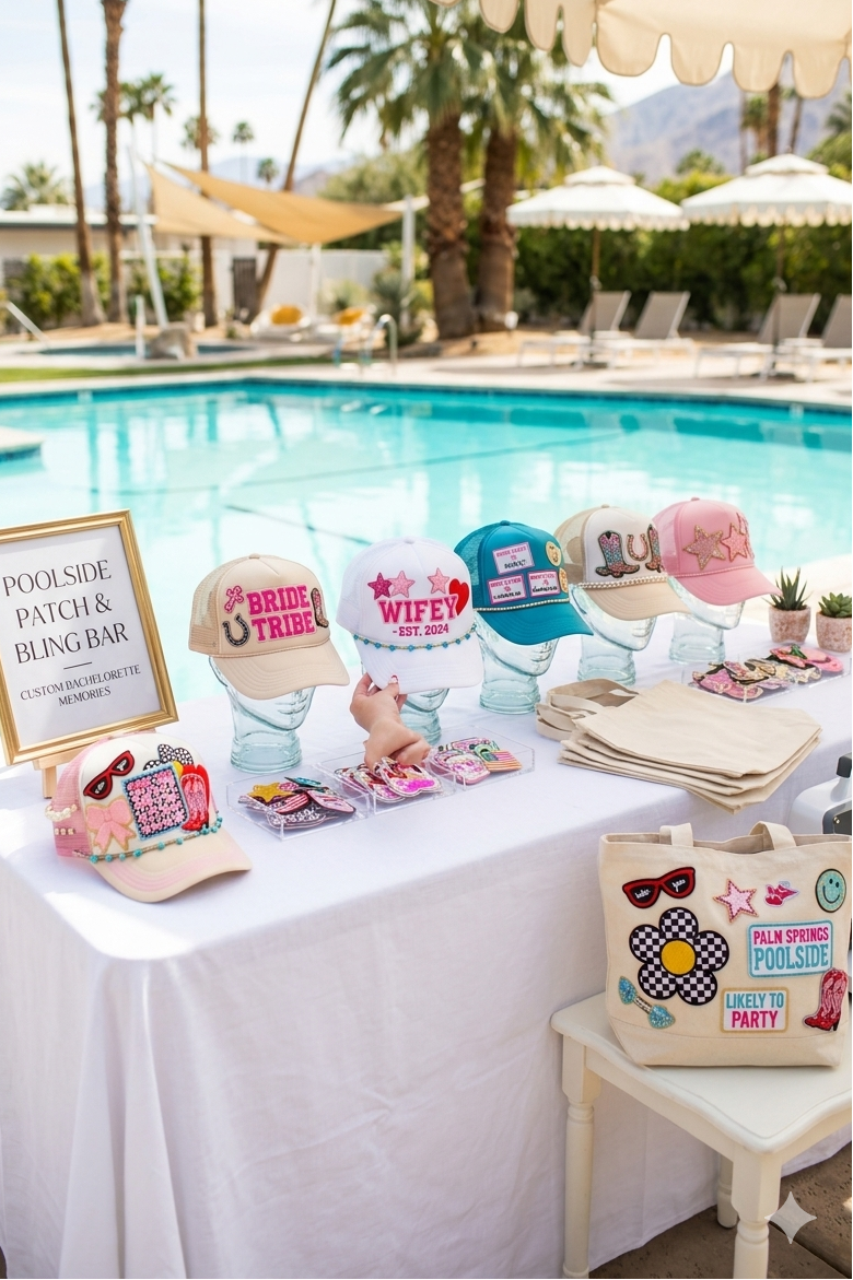 Table with poolside party accessories by a poolside setting