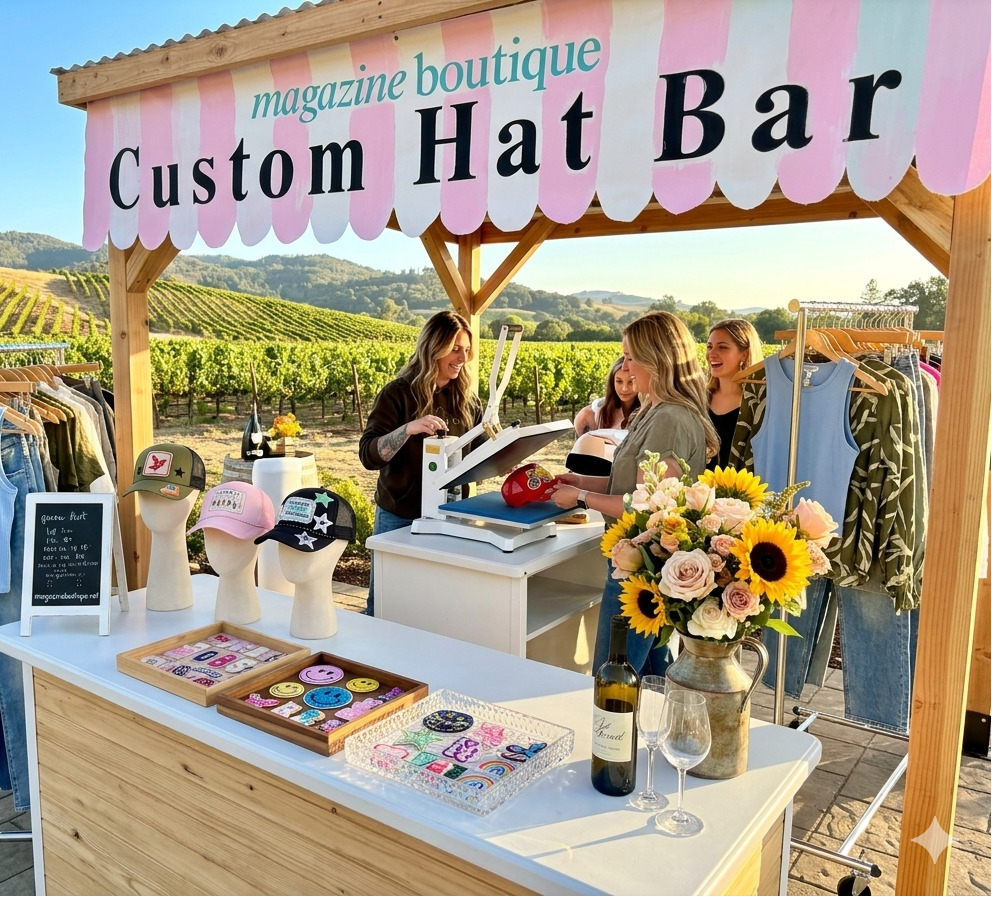 Custom hat bar setup with clothing and decorative items in a vineyard setting