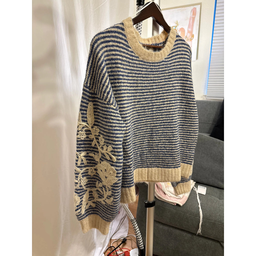 Mia Striped Wool Blend Sweater with Embroidered Sleeves