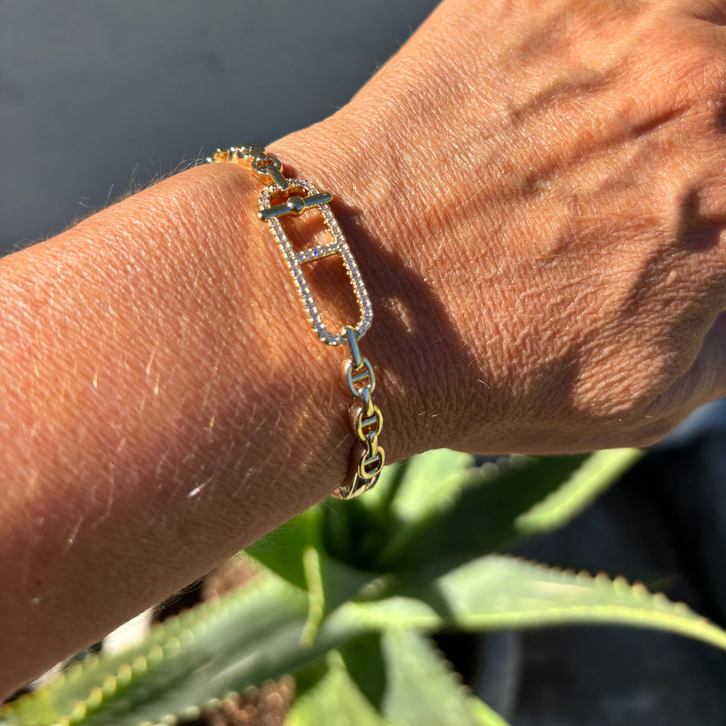 A gold and silver-toned H-shaped link bracelet with pavé detailing, shown worn on a person's wrist against a natural outdoor background.