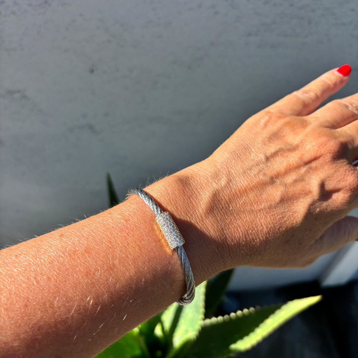 A close-up of a person's hand wearing a silver-toned cable bracelet with a textured rectangular clasp, set against a gray wall and green aloe plant.
