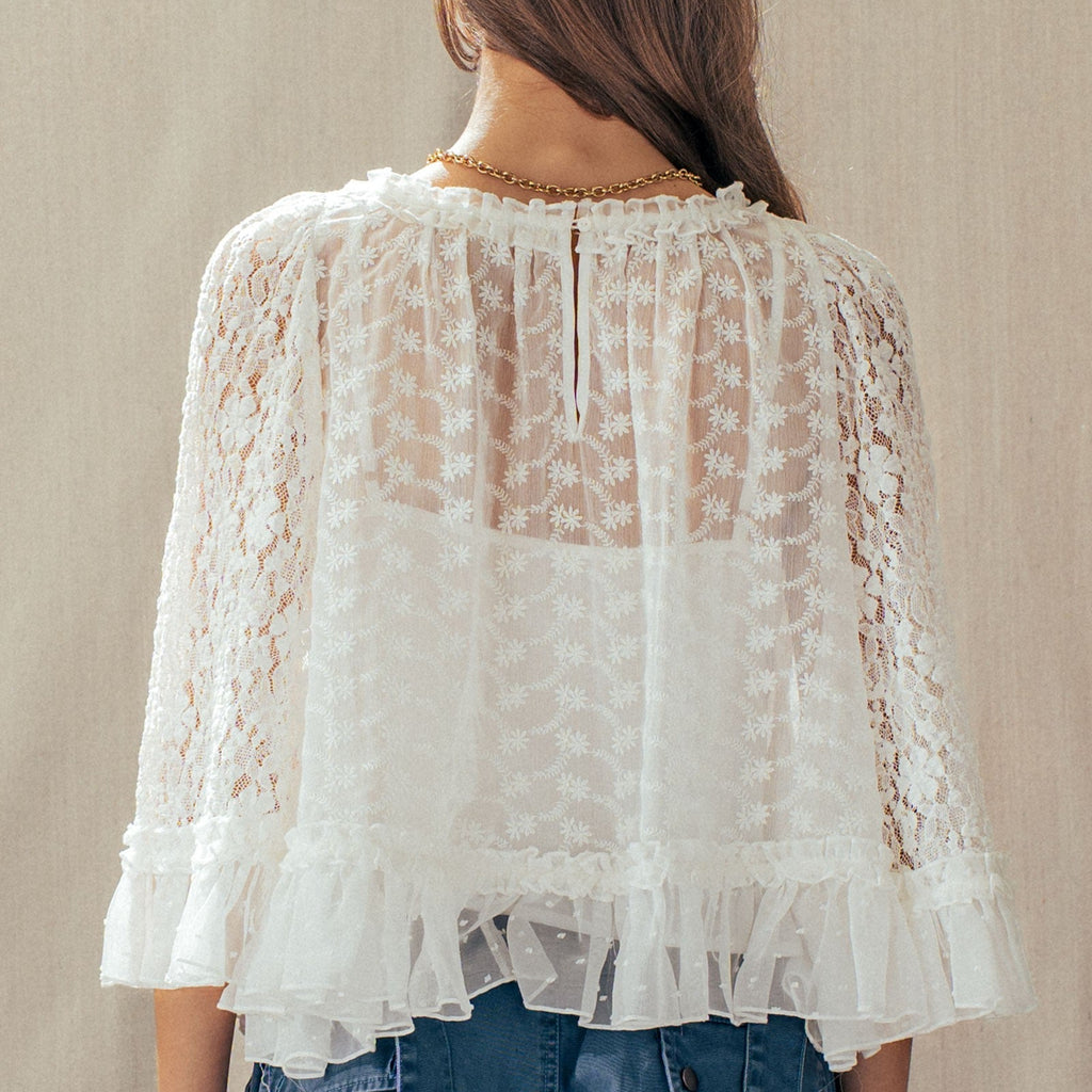 Person wearing a white lace blouse and blue pants against a beige background