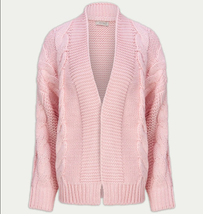 A light pink cable-knit cardigan sweater with a V-neck and ribbed hem, displayed on a neutral light gray background.